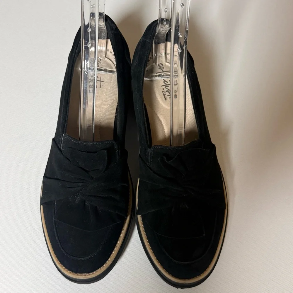 Clarks Collection Black‎ Suede Platform Loafers Bow Detail 7M